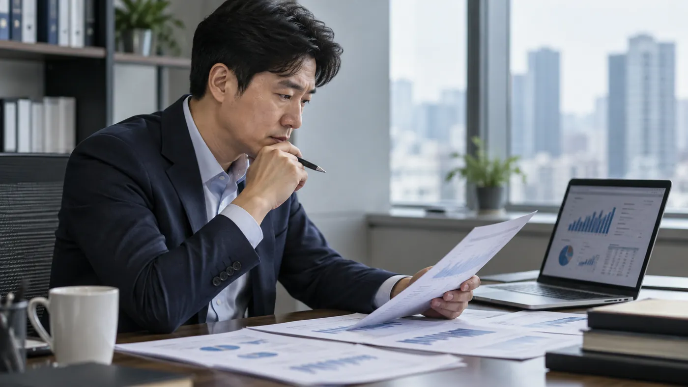AI 분석 결과와 재무자료를 함께 검토하는 회계사