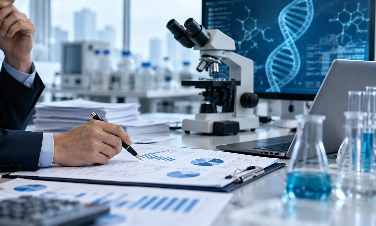 바이오 연구개발 환경과 현미경, DNA 분석 화면을 보여주는 실사형 이미지