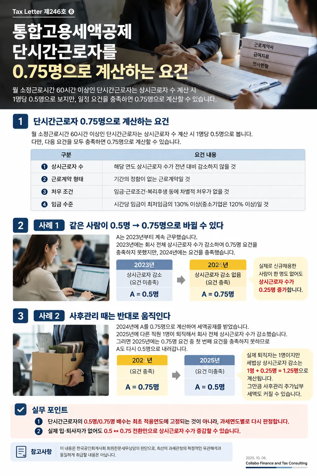 한국 기업 인사·재무 담당자의 실제 업무 장면을 활용한 통합고용세액공제 단시간근로자 사례 이미지