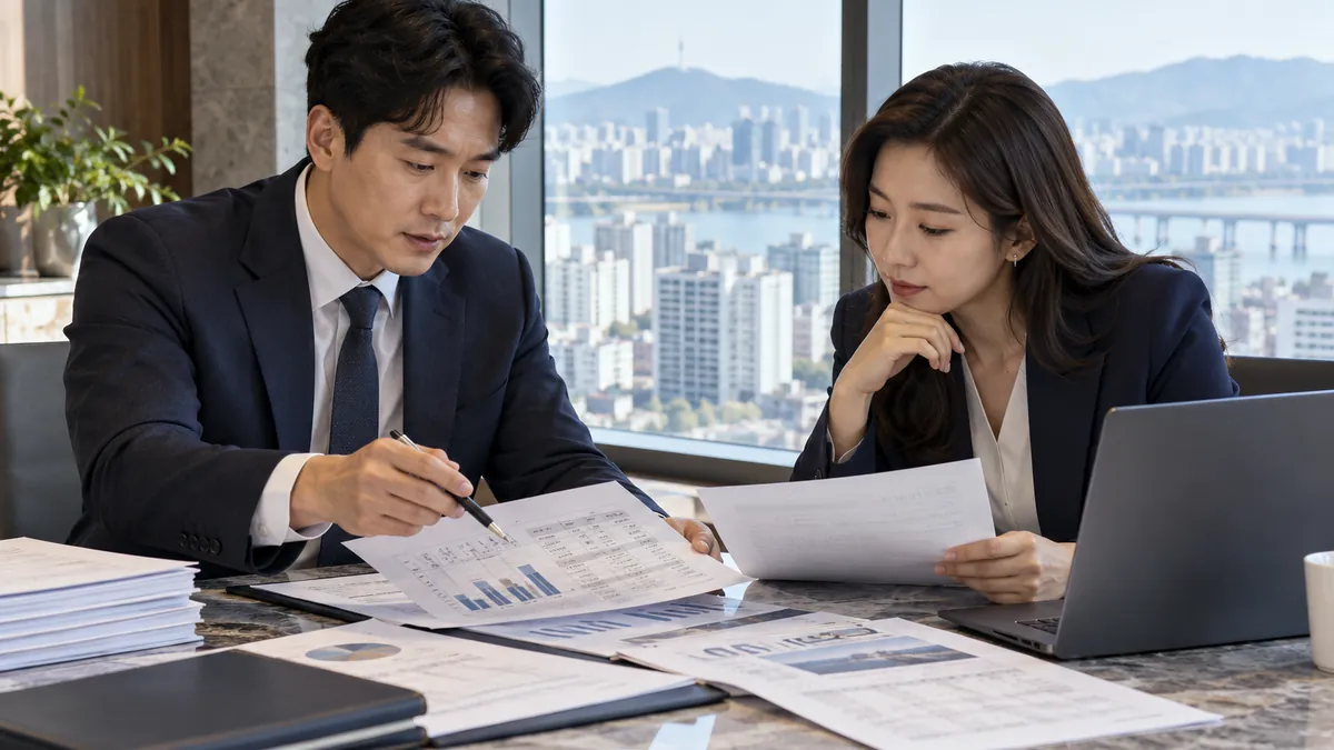 서울 금융 전문가들이 재무제표와 관계기업 투자 가치평가 자료를 검토하는 실사형 대표 사진